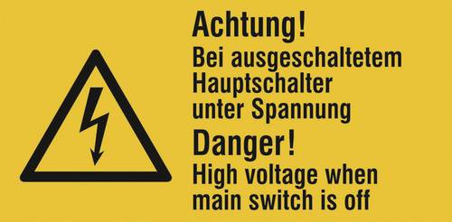 Warn-Kombischild Bei ausgeschaltetem Hauptschalter unter Spannung Folie selbstklebend (B x H) 65mm x 32mm ISO 7010 6St.