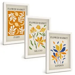 BILDER SET 3er Set - 20x30 cm Weißer Rahmen - Blumenposter Paris Mailand London