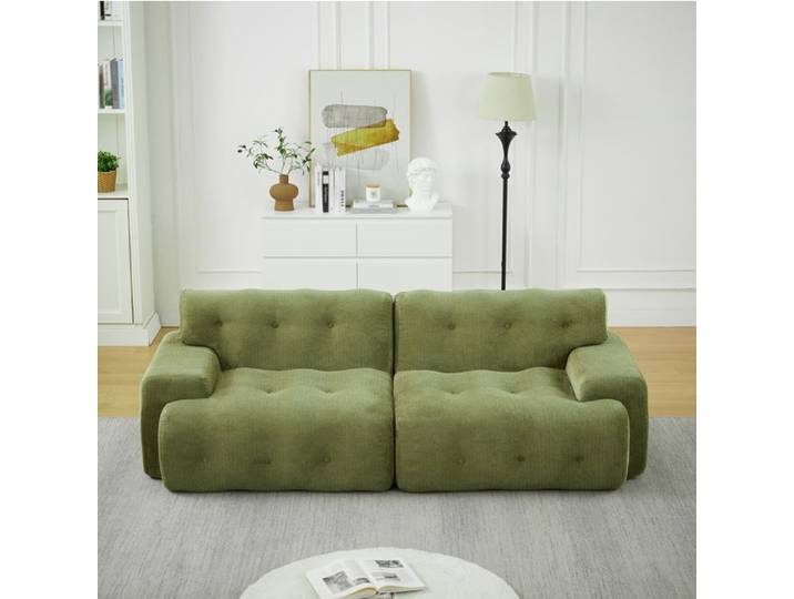 Canapé fixe 2 places en chenille verte capitonné à boutons accoudoirs larges sans montage
