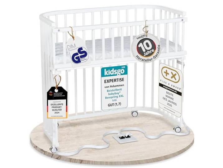 babybay Boxspring XXL, weiß lackiert, mit Matratze, Gitter & Rollen XXL-Liegefläche für hohe Boxspringbetten, Beistellbett, GS-geprüft, massive Buche, stufenlos höhenverstellbar & mitwachsend