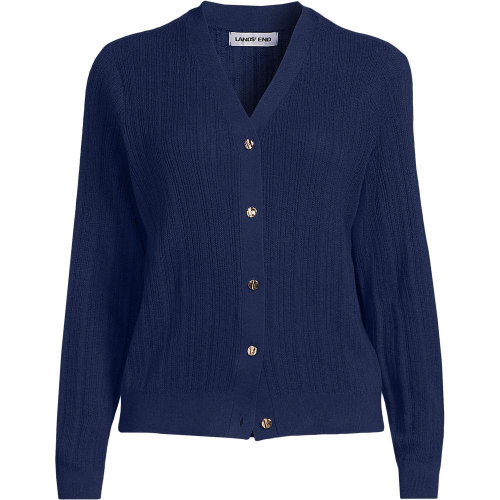 Rippstrick-Cardigan mit Seide in Petite-Größe, Damen, size: petite, Blau, Baumwolle/Seide/Nylon, by Lands' End