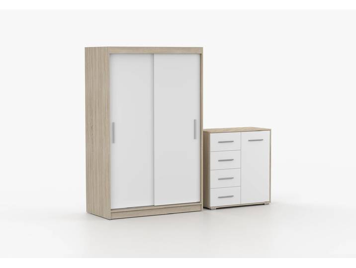 Schwebetürenschrank und Kommode 2er-Set NEOMI 04/FRIDA MINI 01 Sonoma Eiche Weiß