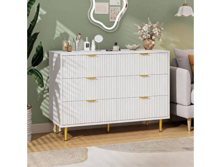 ZoomBuggy Nachttisch 6 Schubladen, Wellenfront Goldgriffe Weiß Moderner Schubladenschrank mit goldenen Beinen, viel Stauraum und stabilem Design für Schlafzimmer, Wohnzimmer und Kinderzimm