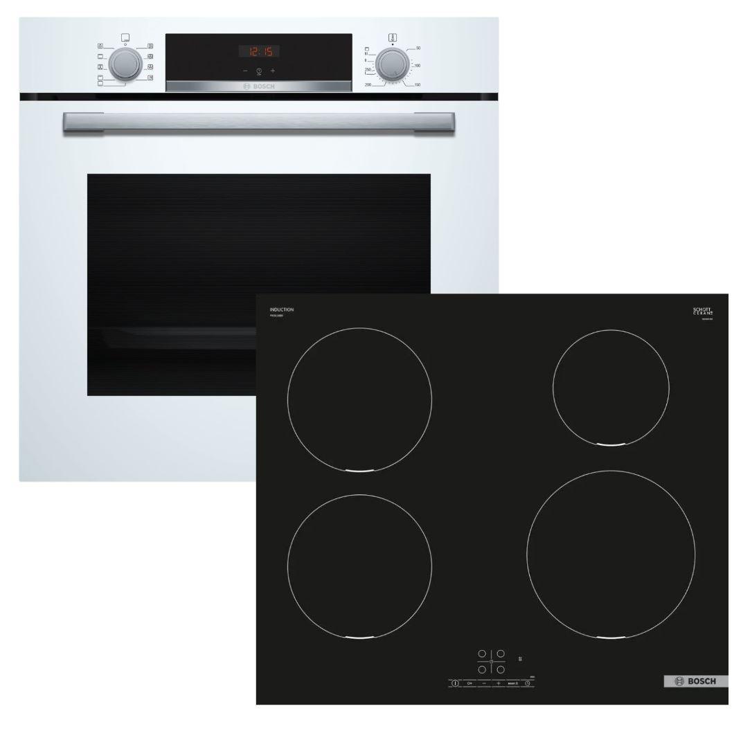 Herdset BOSCH Backofen weiß EcoClean + Induktionskochfeld Booster autark 60cm
