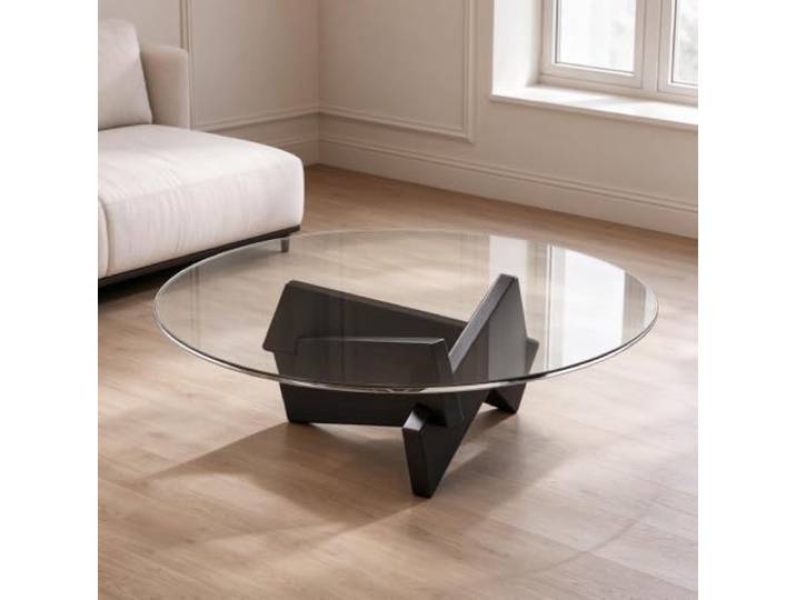 YHTCSXMD Couchtisch Rund, Couchtisch Modern mit Glas Gehärtetes Glas, massives Gummibaumholz, geometrische Basis, Wohnzimmertisch, ideal für Wohnzimmer und Wohnbereiche