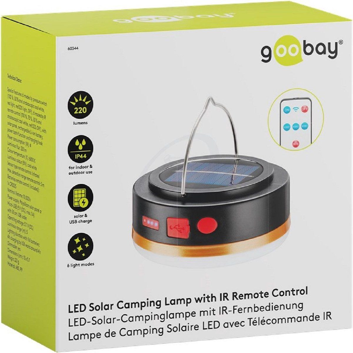 Goobay LED-campinglamp op zonne-energie met IR-afstandsbediening