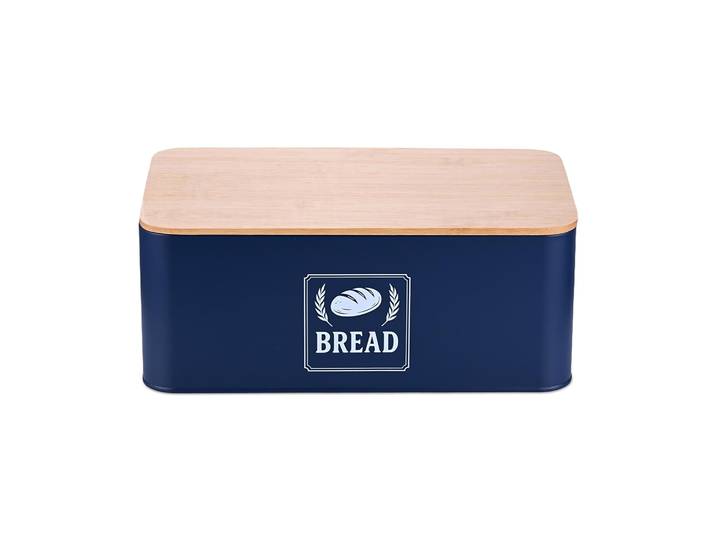 Brotkasten mit Bambusdeckel Retro-Design Weiss-Dunkelblau-Hellbraun
