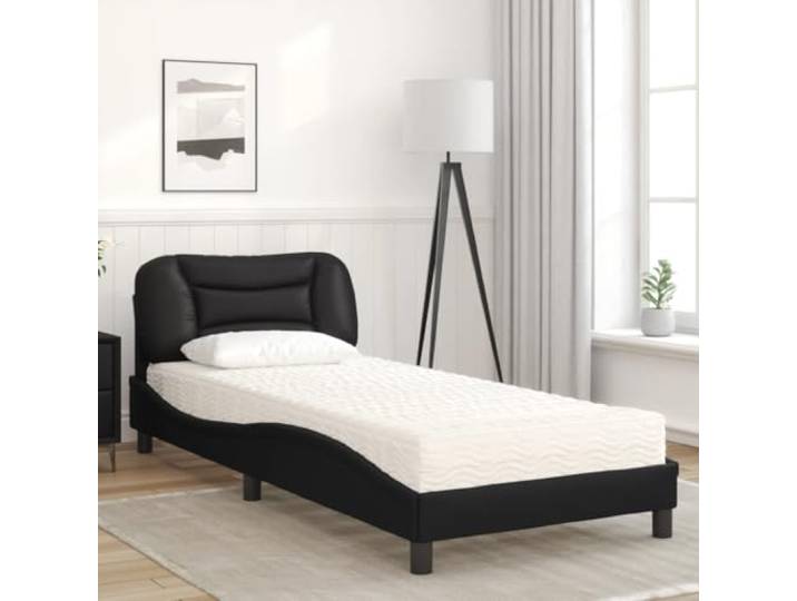 KTHLBRH Einzelbett Hvar 90 x 190 cm mit Matratze aus schwarzem Kunstleder PU-Schaum 22D, Härte H2 und H3, Kopfteil inklusive, gewelltes Design, leicht zu reinigen