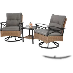 MODFU Outdoor-Tisch-und-Stuhl-Set aus Stahl & PE-Rattan Braun/Grau, 3-teilig, 2 Dreh-Schaukelstühle mit Tisch