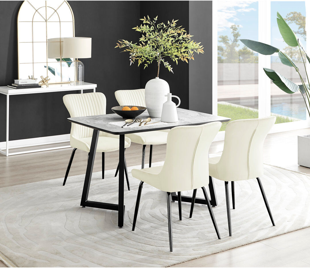 Canora Grey White & Grey Marble Effect Melamine Dining Table and Chairs - 4 Luxury Velvet Dining Chairs Cream/Black 4