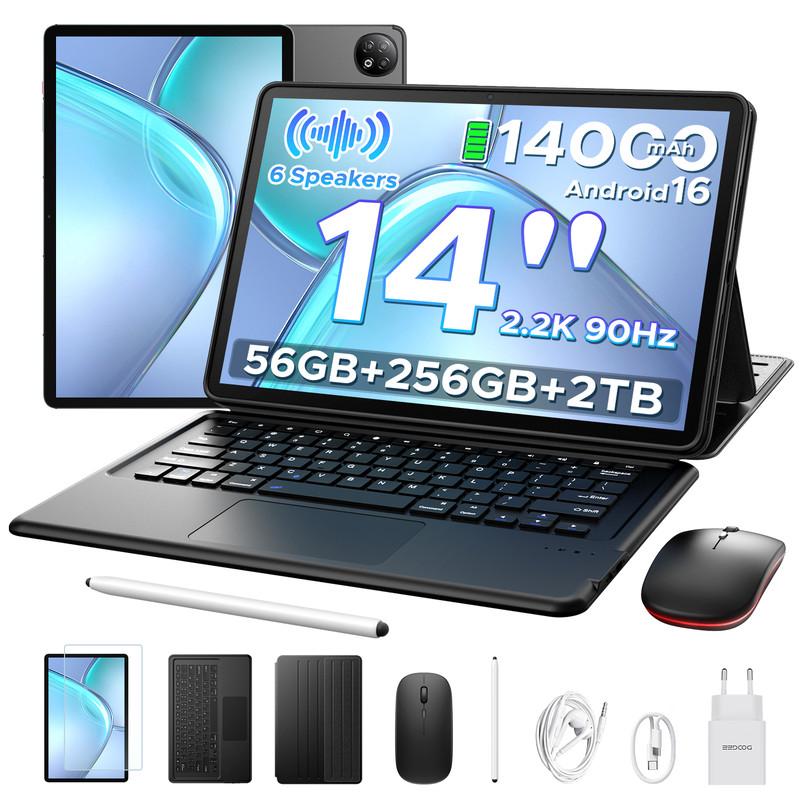 DOOGEE U14-V VIP Tablet 14 Zoll Android 16, 56GB RAM (8+48GB virtuell), 256GB ROM, 90Hz, Tastatur und Stift, Schwarz