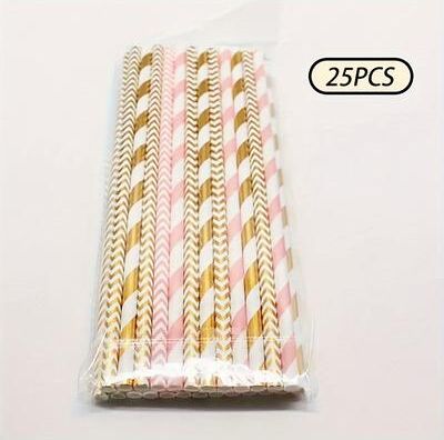 The Handy Homestead Premium Pink & Gold Striped Biodegradable Paper Straws Set 25pcs