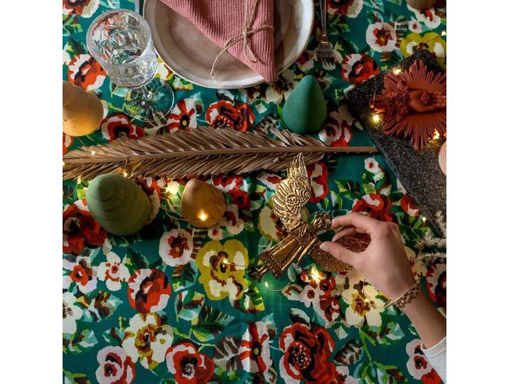 Nappe rectangulaire en coton, 140x235 cm, motif fleuri vert