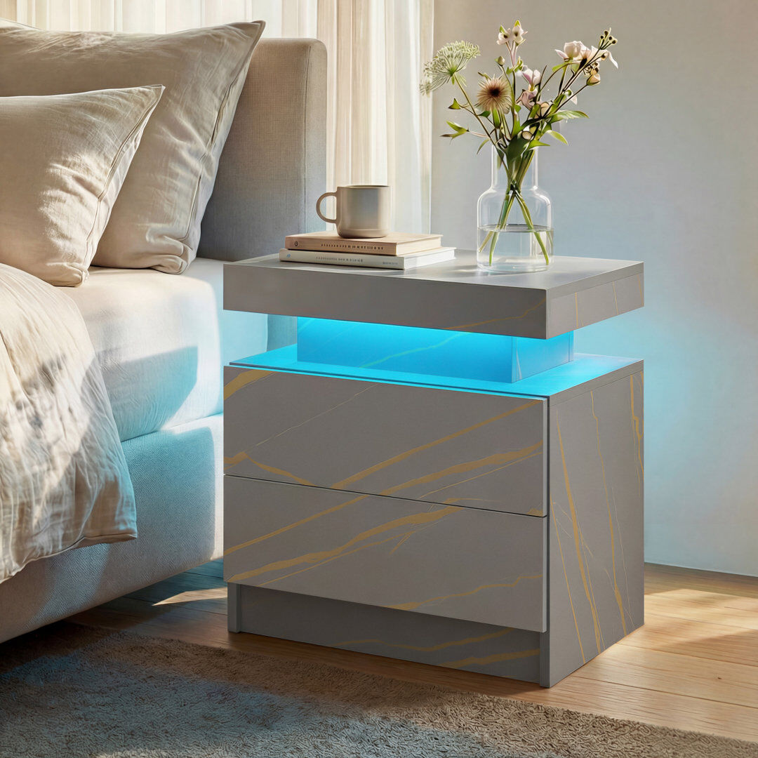 Metro LED Bedside Table with 2 Drawers, Bedside Table with LED Lights for Bedroom Grey 35cm H X 49cm W X 52cm D