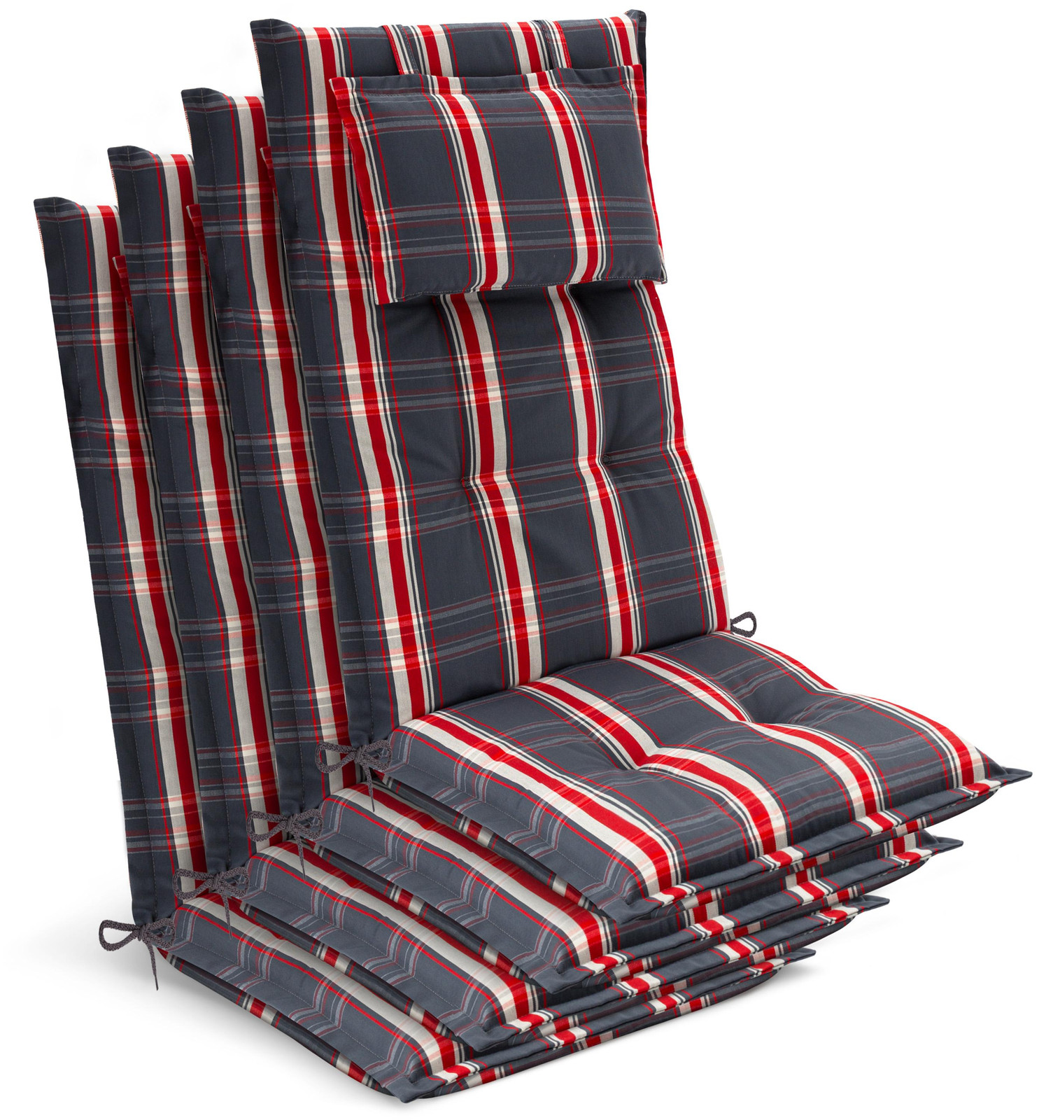 Beautissu 4x Premium rugleuningkussen grijs-rood geruit B/D/H: 120 x 50 x 7 cm