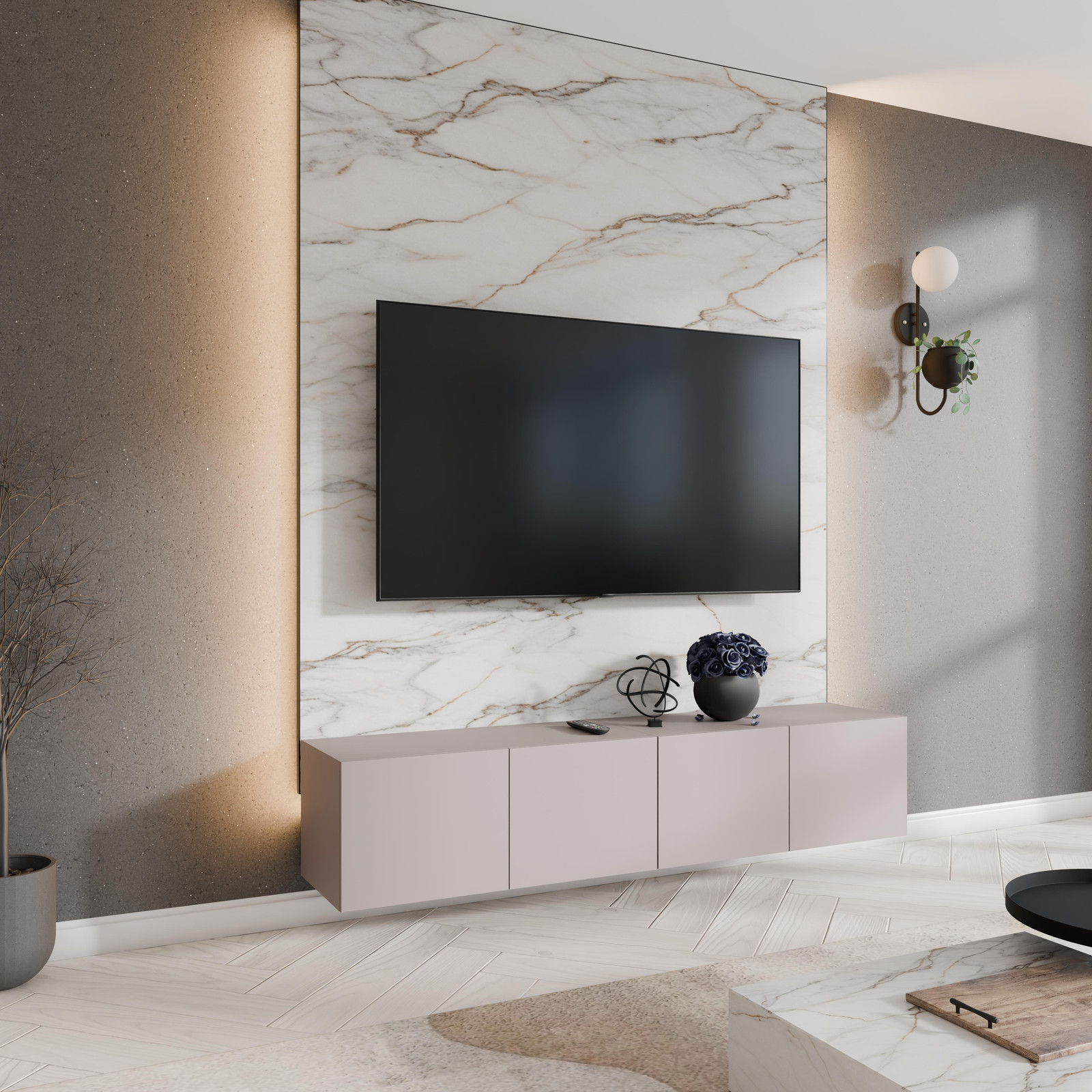 Margaret Hadas Lyon TV-meubel - Modern laag TV-kastje voor de woonkamer - Kasjmier - Breedte: 200 cm