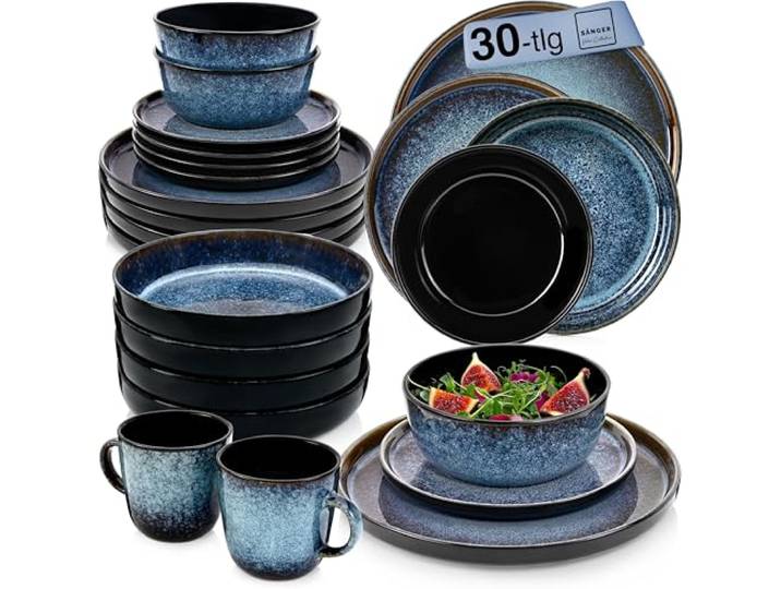 SÄNGER Osaka Steingut Geschirrset 6 Personen, Teller Set 30-tlg Blau Handmade Geschirr Set, Kombiservice: Teller, Kaffeebecher, Müslischalen & Pastateller, spülmaschinen- & mikrowellengeeignet