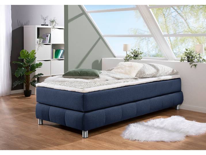 Boxspringbett, Blau, 96x206 cm, Struktur, Inkl. Topper & Ohne Kopfteil, Skandinavisch, andas