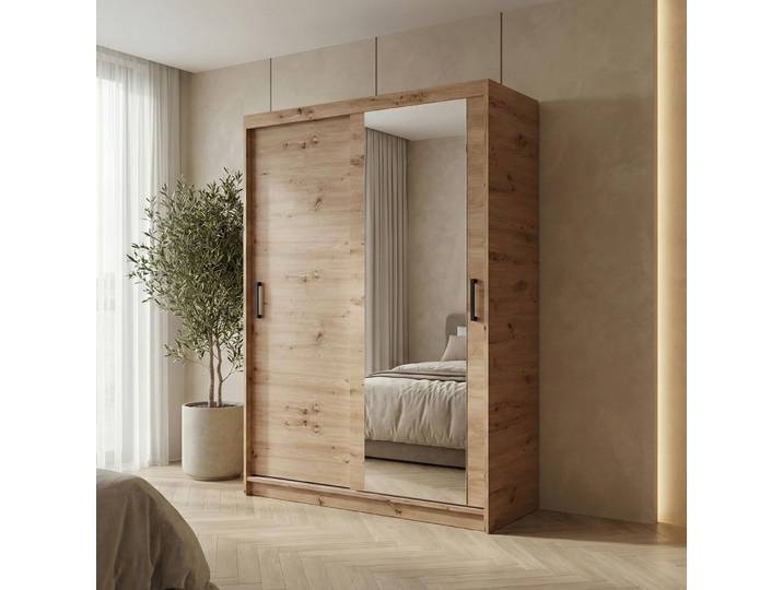 BEAUTYSOFA Schwebetürenschrank HELA 120 cm Eiche Artisan – 2-türig Moderner Kleiderschrank mit Spiegel und Schiebetüren