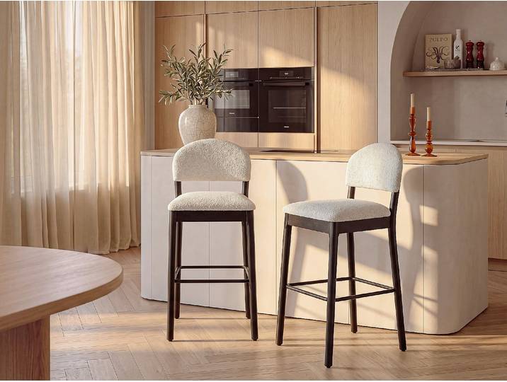 2er-Set Barhocker aus Bouclé-Stoff und schwarzem Hevea-Holz - Weiß ZAPOLKA