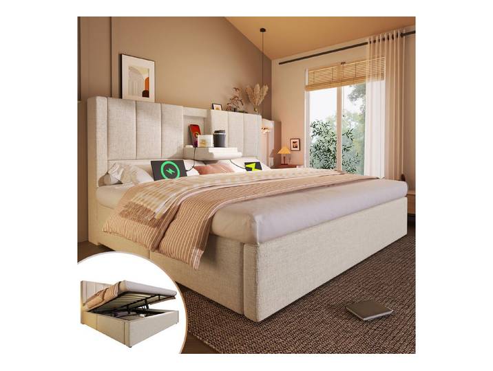 STILVORA Polsterbett 140x190 mit Bettkasten,Jugendbett Bettgestell mit Becherhalter&USB