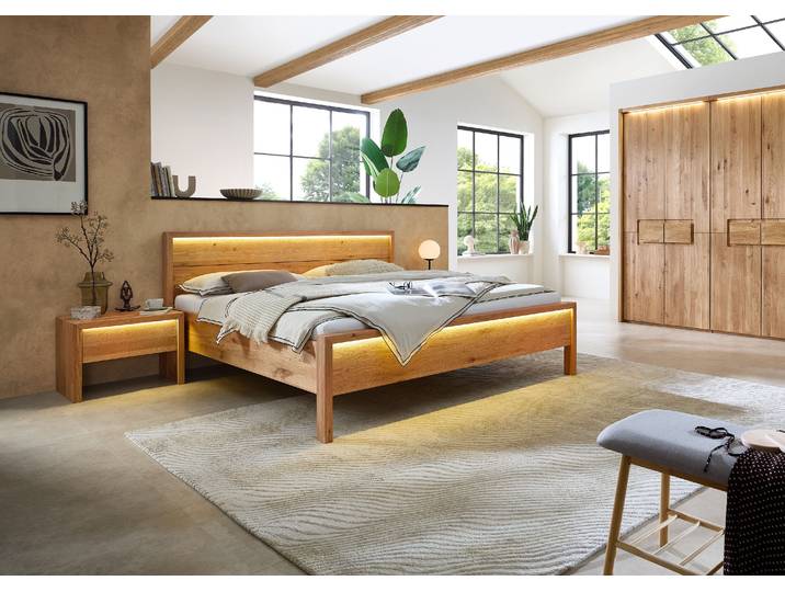 Massivholzbett HOME AFFAIRE Ambroise aus Wildeiche , braun, B:209cm H:97cm L:214cm, Betten, Massivholzbett, inkl. LED-Beleuchtung, wahlweise auch in Überlänge erhältlich