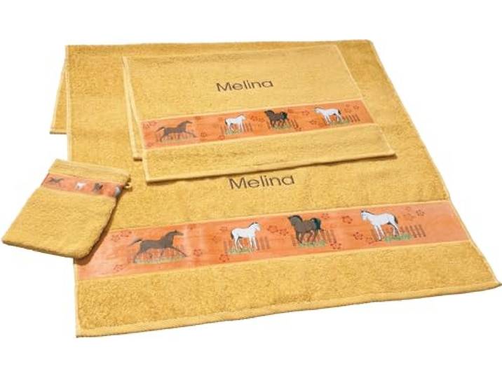Erwin Müller Kinder-Handtuchset, Frottier-Set 3-TLG. mit Namen personalisiert gelb Größe 70x110 cm + 50x70 cm + 15x21 cm, saugstark, 1 Handtuch, 1 Badetuch, 1 Waschhandschuh - 100% Baumwolle