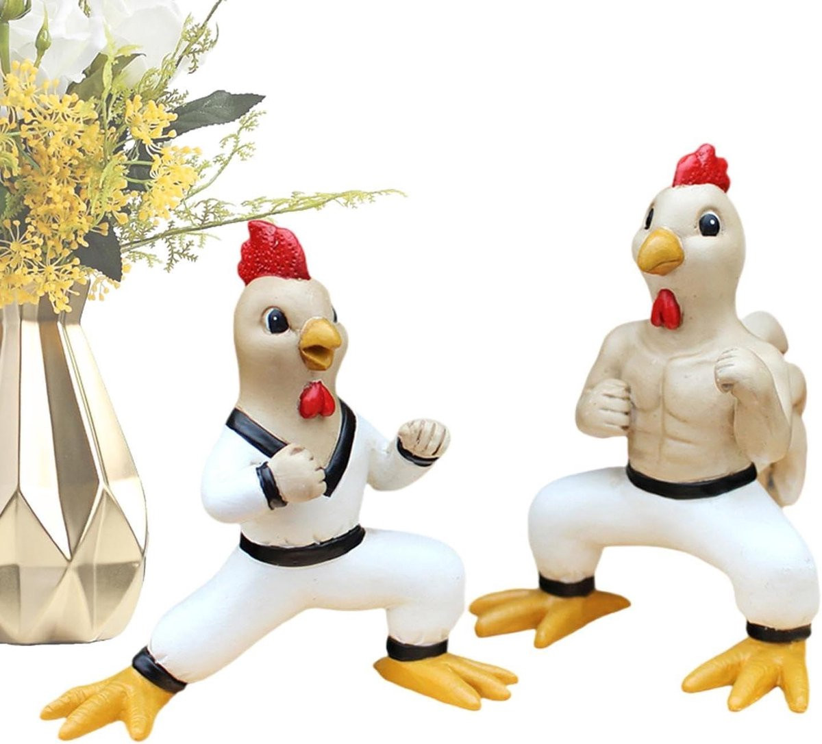 Set van 2 kleurrijke boerderijdieren figuren in kung fu stijl voor tafeldecoratie