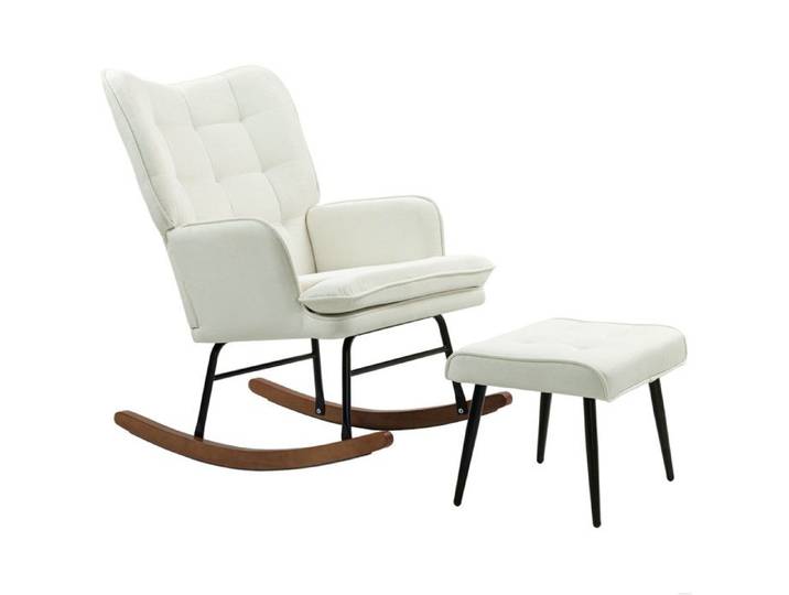 ROVRYN Fauteuil à bascule avec repose-pieds dossier haut polyester aspect lin blanc crème
