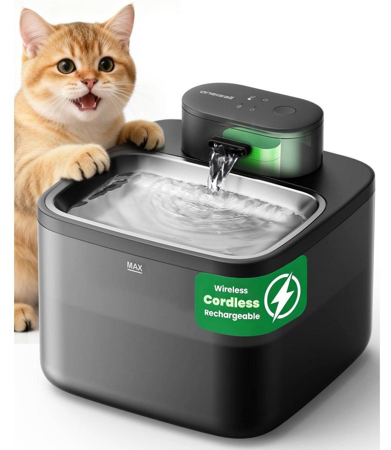 Oneisall Draadloze kattenfontein van roestvrij staal met bewegingssensor, 2,2 liter