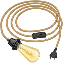 ledscom.de Hanfkabel LEKA mit Stecker, Schalter und E27 Fassung, inkl. E27 Lampe Vintage Retro gold extra-warmweiß 489lm