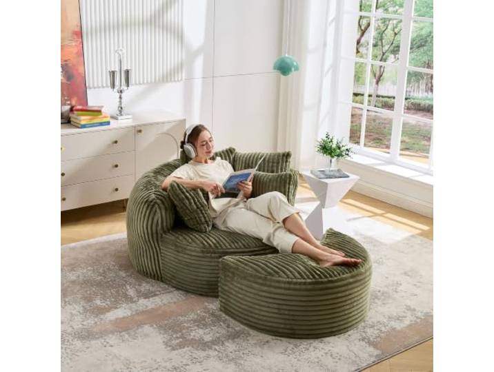 QQJIN Sofabett Ohne Beine mit Fußstuhl, Großes Runder Sitzbrett Großformatiger, Weicher Stoff und Kordelstoff-Sitzlehne für Wohnzimmer, Spielzimmer