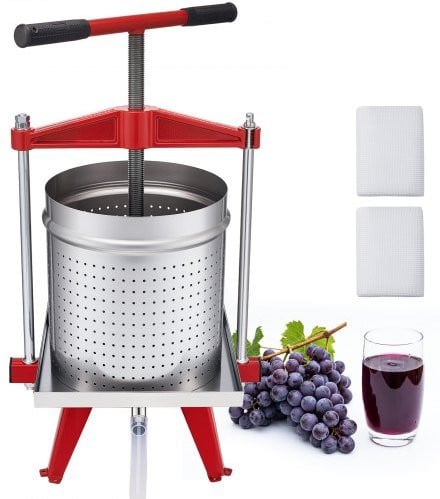 VEVOR Handmatige Bessenpers 15 L, Roestvrij Staal, Fruitpers en Wijnpers met 2 Filterzakken, B/D/H: 40 x 32 x 61 cm