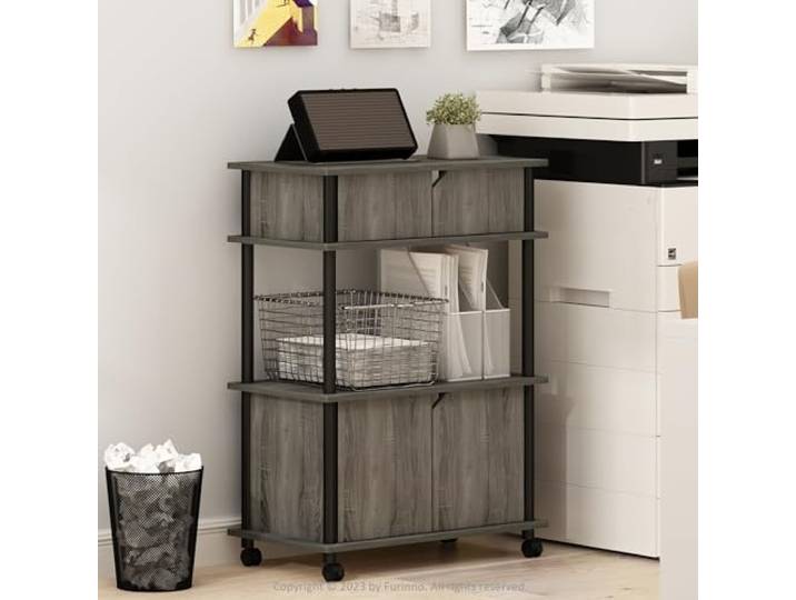 Furinno Turn-N-Tube Druckerständer mit Aufbewahrung, 4-stöckiger Druckertisch mit Aufbewahrungsschrank und Rollen, offenes Standregal, für CPU, Bürobedarf, Homeoffice, French Oak Grey