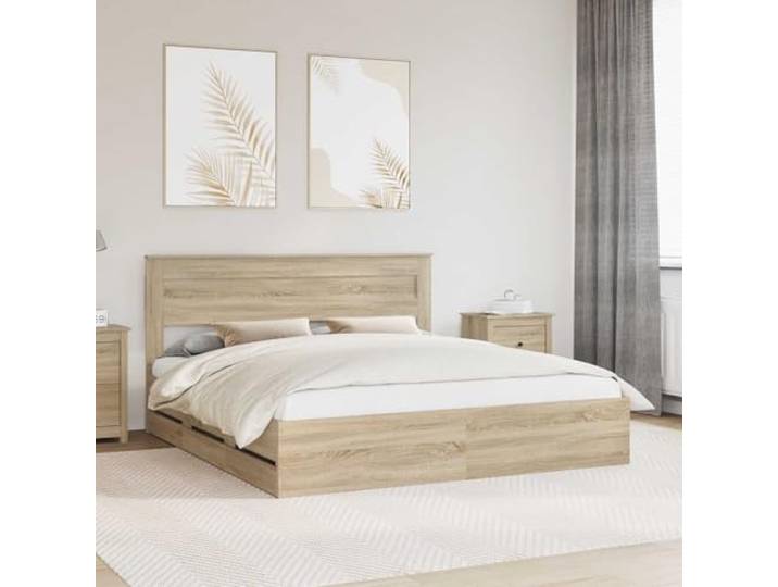 RJPLMFV Bettgestell, Sonoma-Eiche, 200 x 200 cm, Holz Mit Schubladen, Lattenrost, modernes Design, einfache Montage