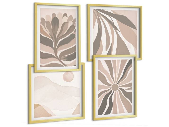 BILDER SET 4er Set - 50x50 cm & 40x60 cm Goldrahmen - Abstrakte Pflanzenmuster
