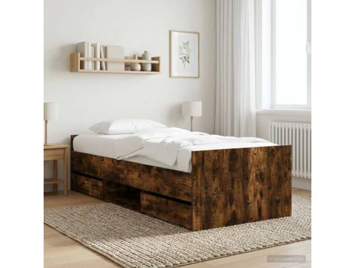 RJPLMFV Bettgestell mit Schublade, Raucheiche, Holz Modernes Design, integrierte Fächer, Lamellen inklusive, einfache Montage zu zweit