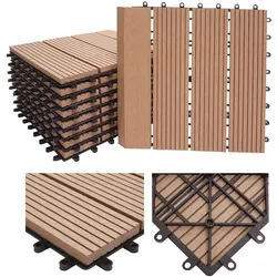 WPC Bodenfliese Sarthe + Abschluss, Holzoptik Balkon/Terrasse, 11x je 30x30cm = 1qm Premium ~ teak linear senkrecht