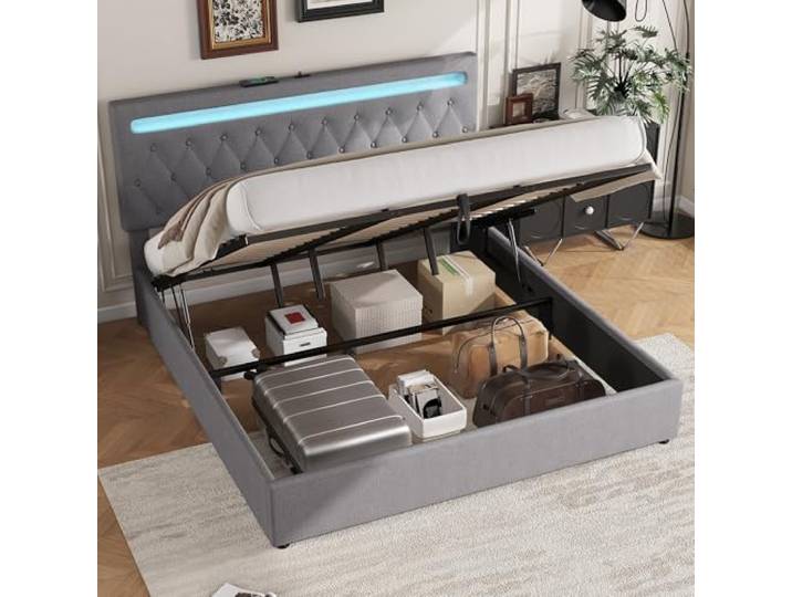 Merax Polsterbett 180x200 cm, Doppelbett mit hydraulischem Stauraum & LED-Ambientelicht (App-steuerbar, farbwechselnd), USB-Ladebuchse, Leinenstoff-Bezug, grau (ohne Matratze)
