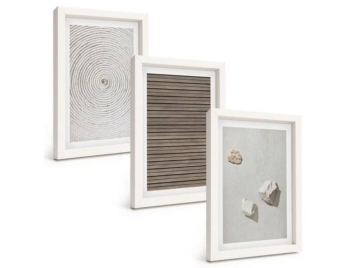 BILDER SET 3er Set - 20x30 cm Weißer Rahmen - Natürliche Texturen Holz Stein