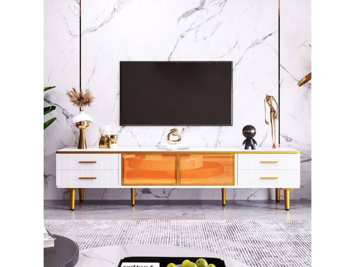 Meuble TV - Moderne - Verre trempé - LED réglable - Marbre chic