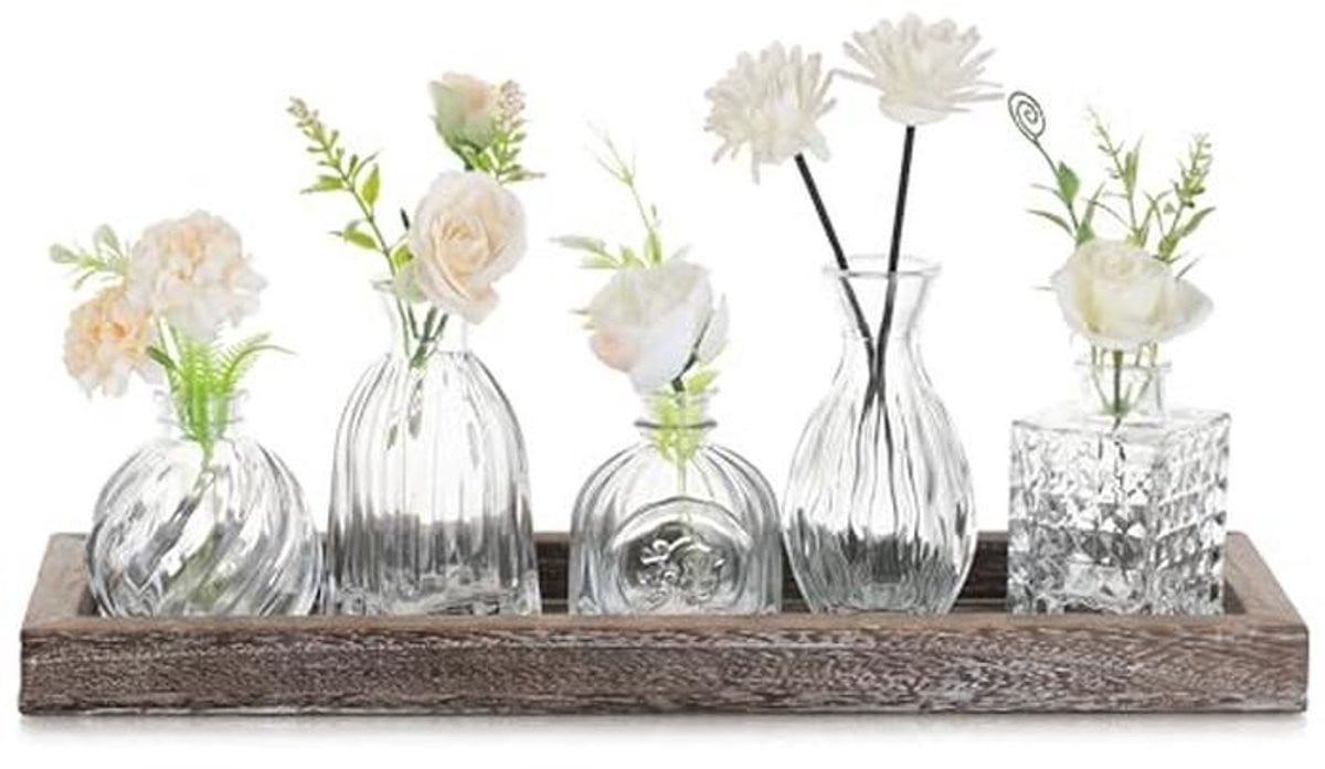 Elegante set van 5 mini glazen vazen met houten dienblad