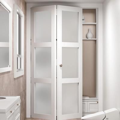 Nuzanto 80 in.White Double 3-Lite Bi-Fold Doors Frosted Glass Solid Manufactured With Installation Hardware Kit