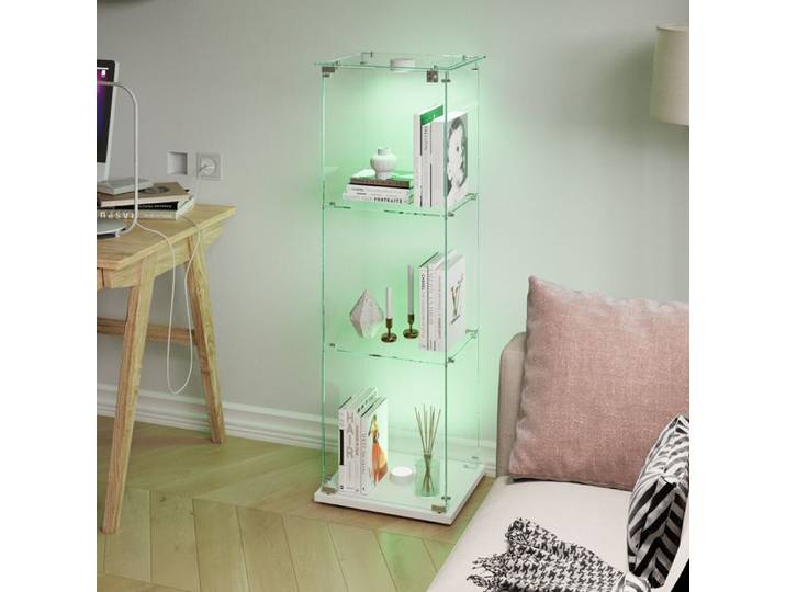Vitrine en Verre avec Led Meuble Vitrine en Verre Armoire Vitrine Salon Vitrine Meuble 1 Portes 3 éTages Blanc