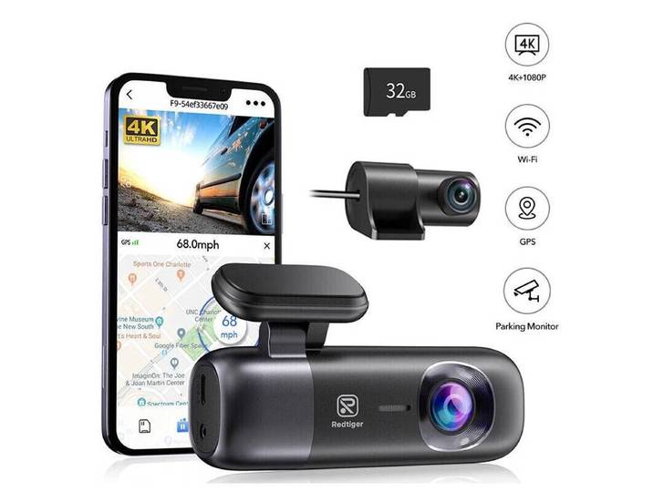 REDTIGER F9 Dashcam 4K avant et arrière 1080P, Caméra de voiture WiFi GPS avec carte de 64 GB, Double dashcam pour voitures, Enregistrement en boucle, Vision nocturne, Mode parking, Contrôle intelligent par application, Supporte jusqu'à 256 GB