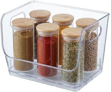 Basicwise Open-Front Clear Storage Bin with Easy-Grip Handle Stackable Transparent Plastic Organizer Container for Pantry