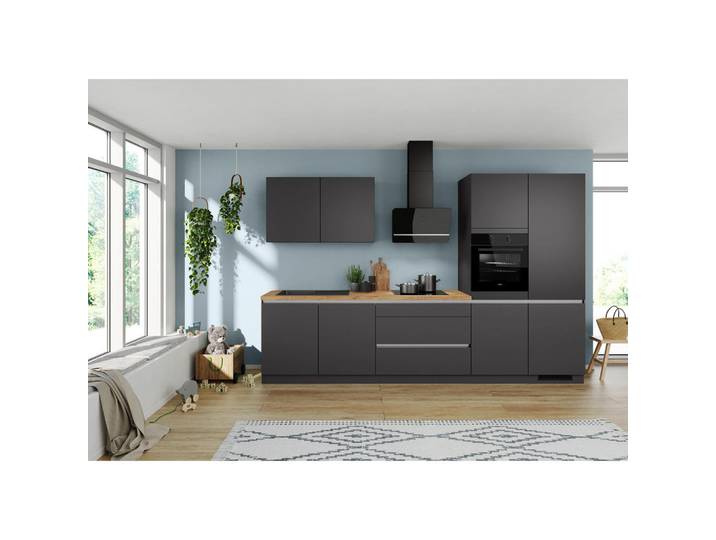 Impuls Küchenleerblock, Graphitfarben, Holzwerkstoff, Uni, 3 Schublade(n) Schubladen, nur wie online abgebildet bestellbar, 340 cm, RAL Testat, Pefc, Goldenes M, Made in Germany, vormontierter Korpus, seitenverkehrt erhältlich, Küchen, Küchenblöcke, Küchenzeilen, Küchenzeilen ohne Geräte
