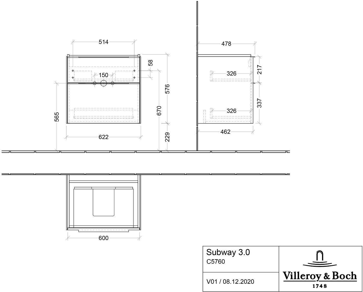 Villeroy & Boch Subway 3.0 Badmöbel-Set 65 cm, 2 Auszüge