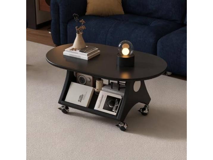Ovaler Massivholz-Couchtisch mit Rollen, Französischer Vintage-Stil Massivholz-Konstruktion, ovales Design, mobile Rollen, Creme-Stil, französischer Vintage, Möbel für kleine Räume, Wohnzimmer