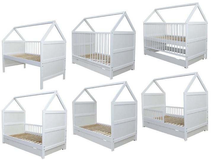 Micoland Kinderbett Babybett Kinderbett Juniorbett Bett Haus 140x70cm + Schublade 0 - 6 J. (Bett mit Lattenrost, Sicherheitsgitter und Schublade), durch den Umbau bis zum 6. Lebensjahr nutzbar